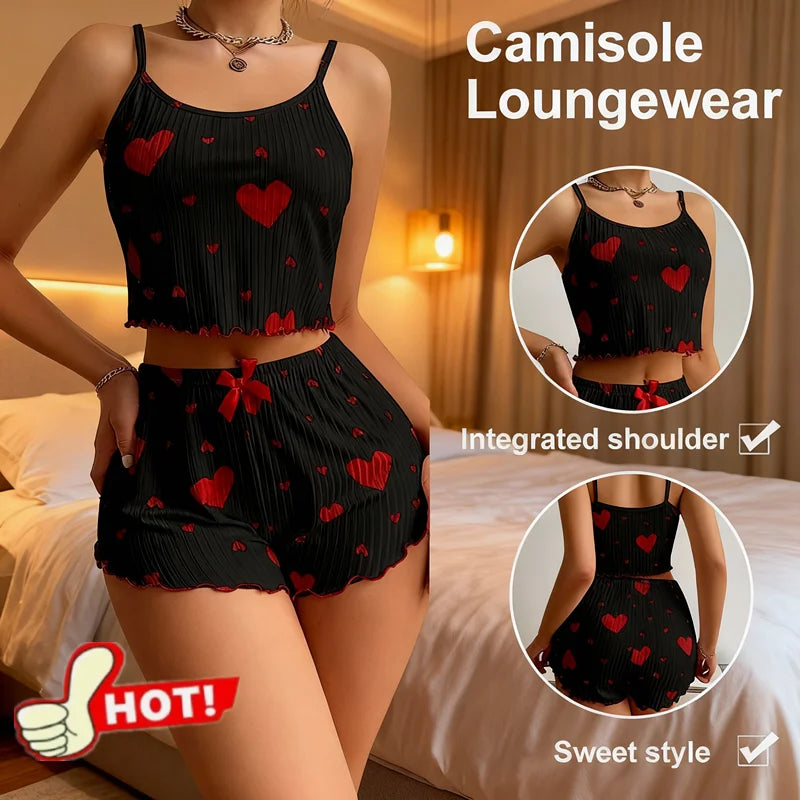 NEW Girl'S Spaghetti Strap Camisoles+Shorts Homewear Print Underwear Pijama Sexy Lingerie Camisoles Tanks Nighty Women Sleepwear