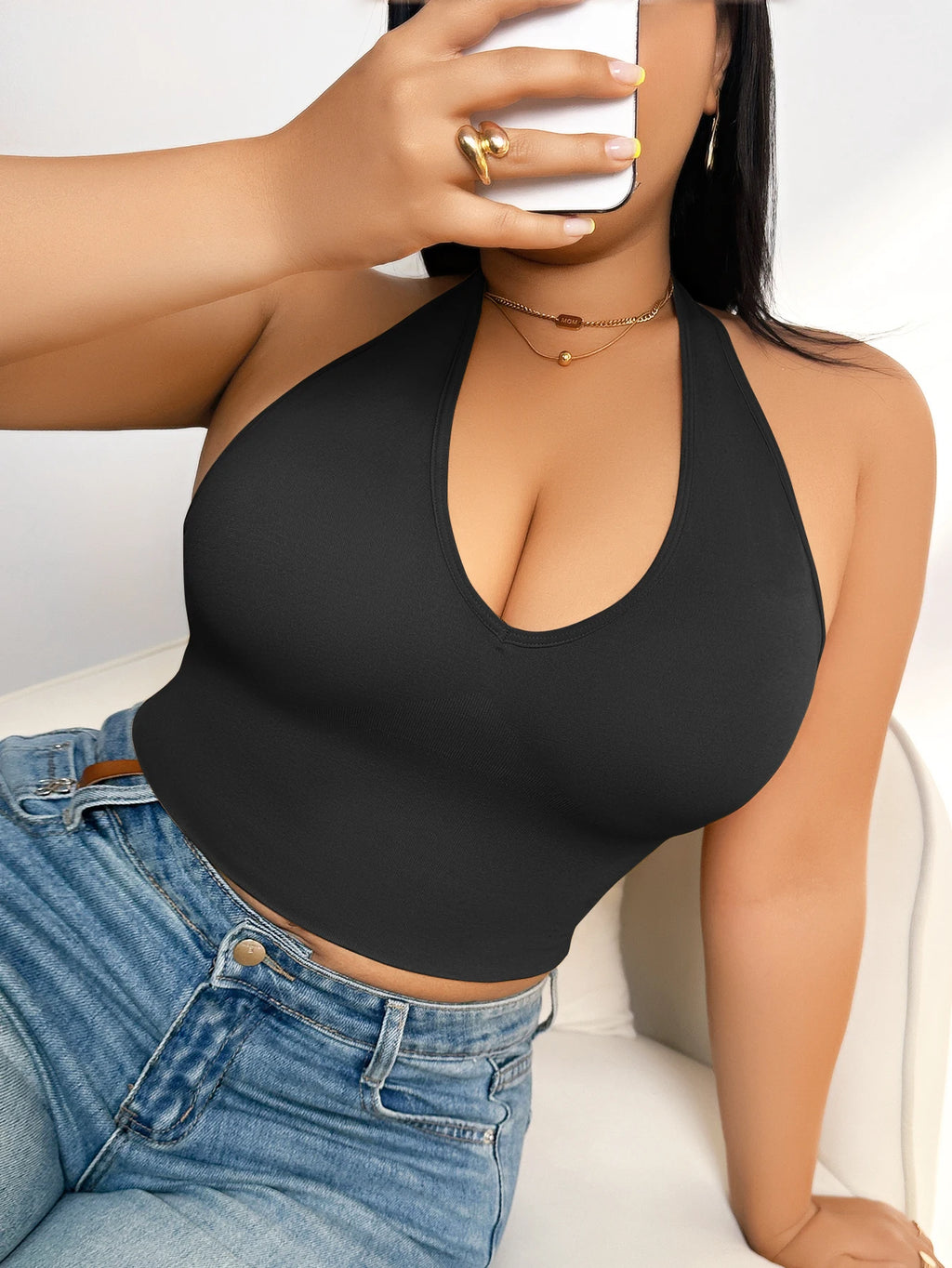 Plus Size Halter Wireless Bra Women Seamless Shaping Backless Removable Pads High Elastic Lingerie for Daily Wear Dating Party