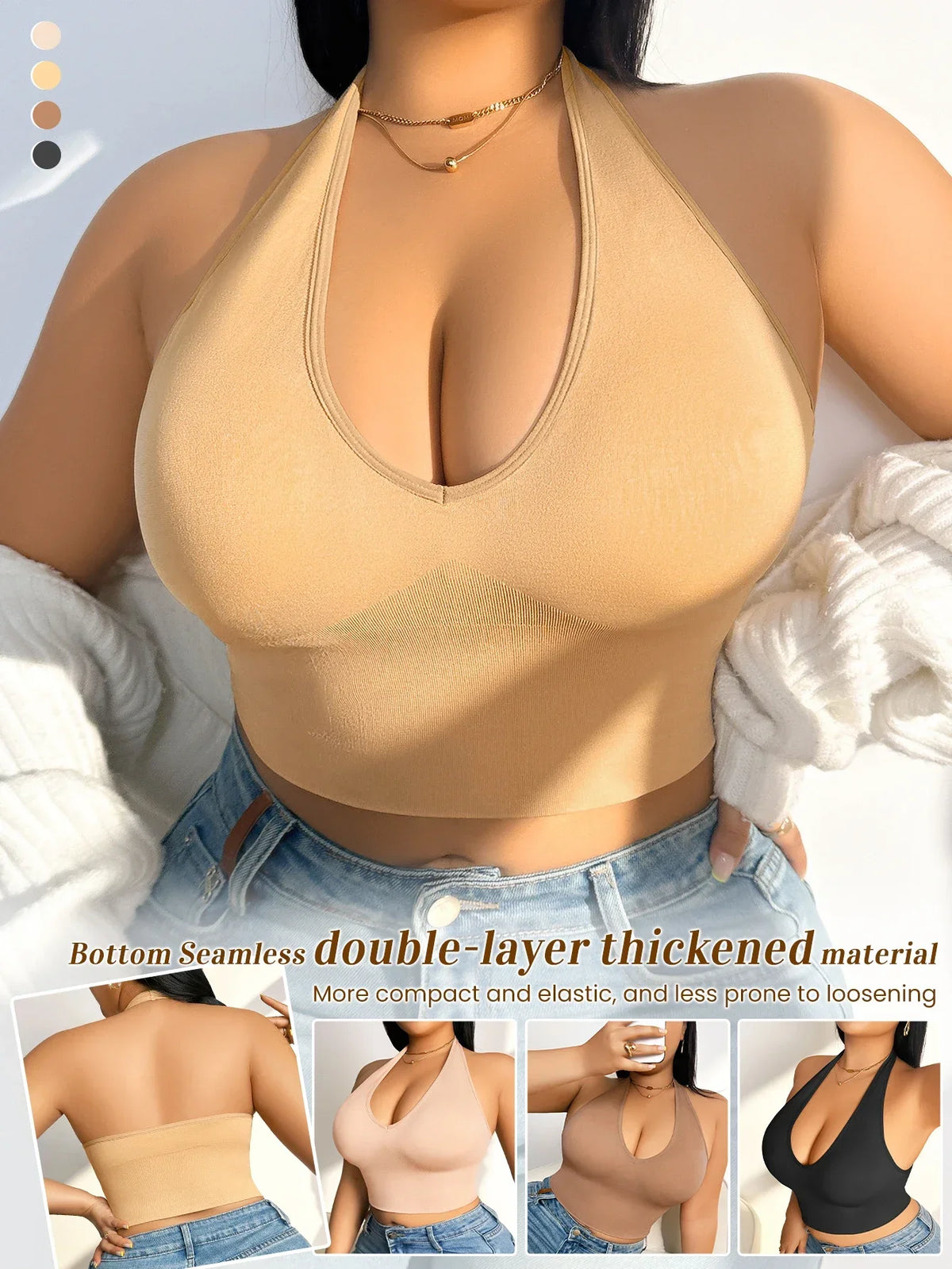 Plus Size Halter Wireless Bra Women Seamless Shaping Backless Removable Pads High Elastic Lingerie for Daily Wear Dating Party