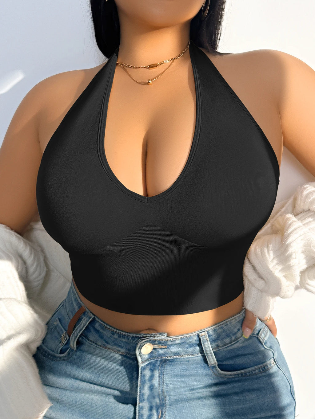 Plus Size Halter Wireless Bra Women Seamless Shaping Backless Removable Pads High Elastic Lingerie for Daily Wear Dating Party