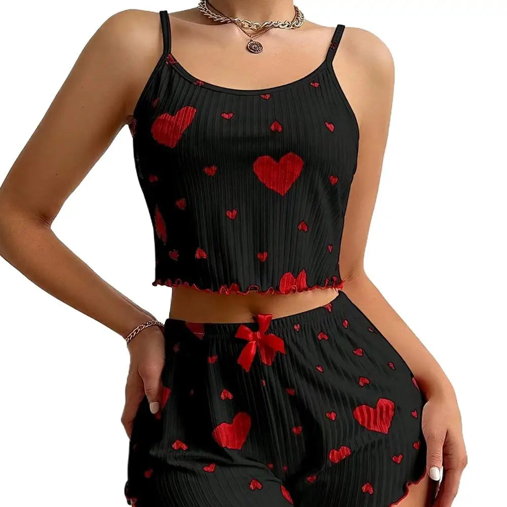 NEW Girl'S Spaghetti Strap Camisoles+Shorts Homewear Print Underwear Pijama Sexy Lingerie Camisoles Tanks Nighty Women Sleepwear