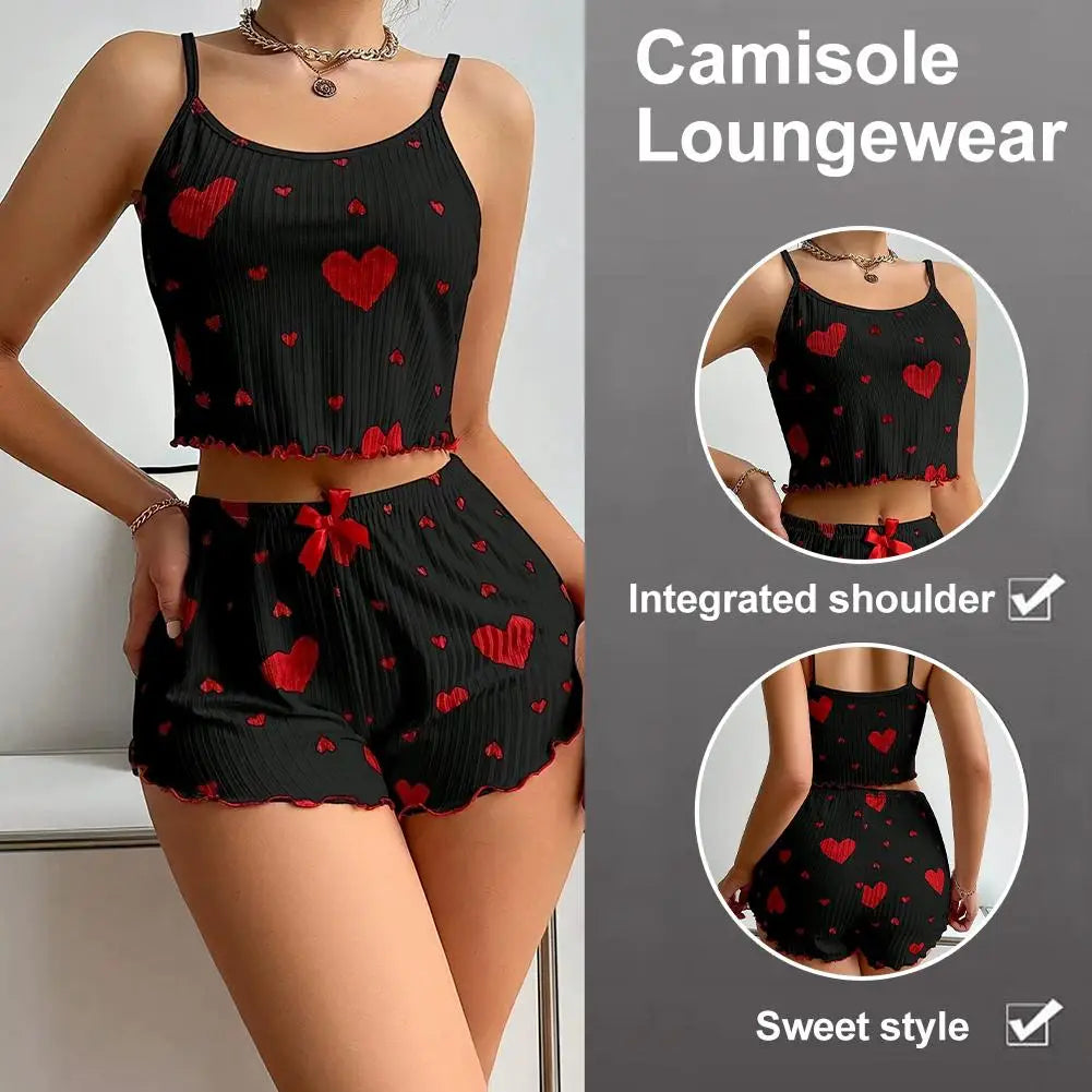 NEW Girl'S Spaghetti Strap Camisoles+Shorts Homewear Print Underwear Pijama Sexy Lingerie Camisoles Tanks Nighty Women Sleepwear