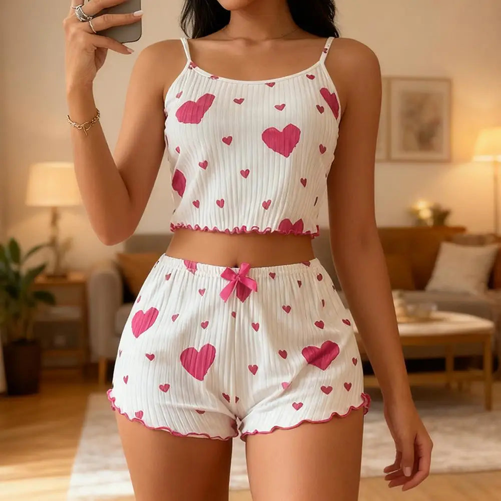 NEW Girl'S Spaghetti Strap Camisoles+Shorts Homewear Print Underwear Pijama Sexy Lingerie Camisoles Tanks Nighty Women Sleepwear