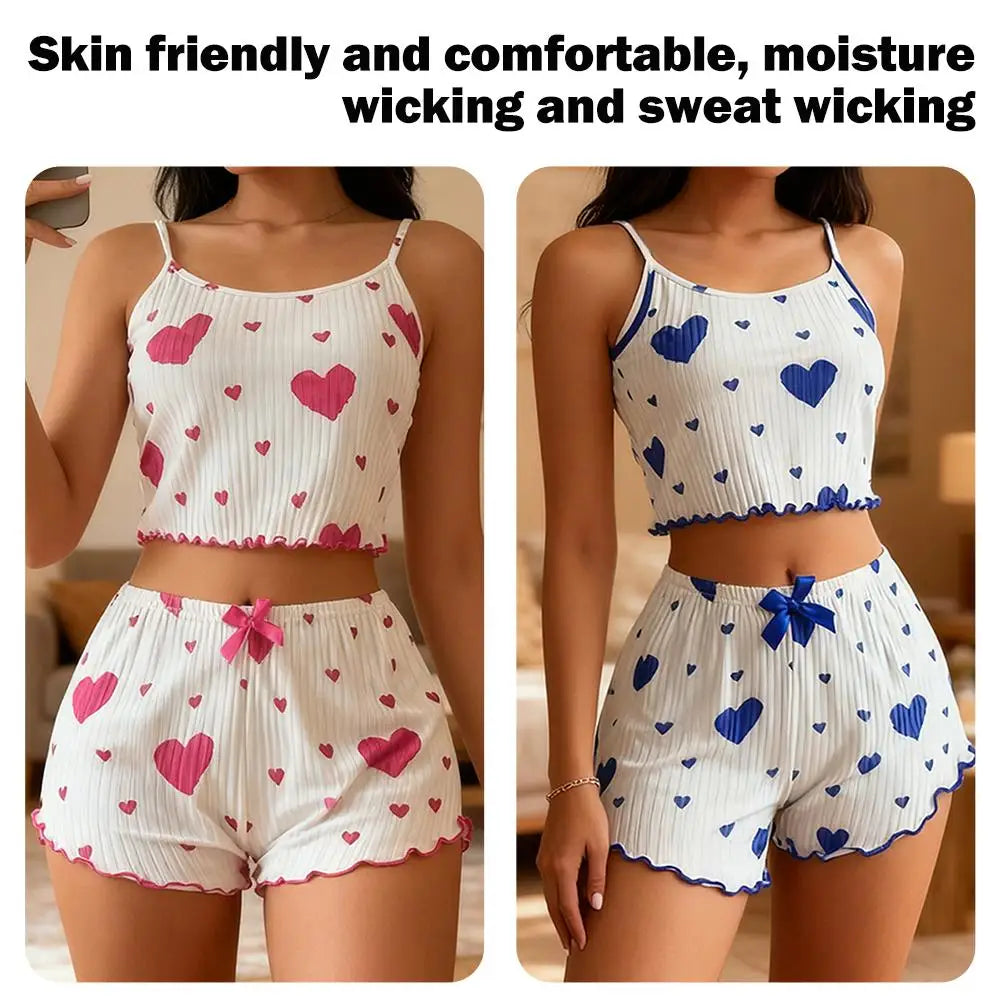 NEW Girl'S Spaghetti Strap Camisoles+Shorts Homewear Print Underwear Pijama Sexy Lingerie Camisoles Tanks Nighty Women Sleepwear
