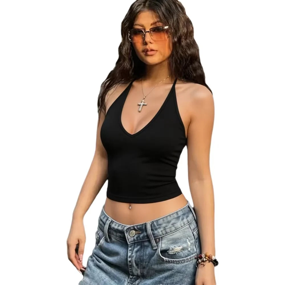 Women Ribbed Halter Crop Top V Neck Sleeveless Stretchy Vest Tank Slim Fit Casual Sexy Y2K Ladies Cami Spring Summer Daily Top